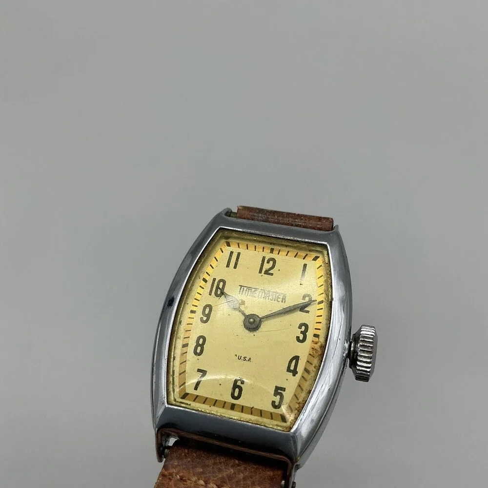 Vintage Time Master Mens Watch 27mm Cream Dial Tonneau Brown Leather Manual USA